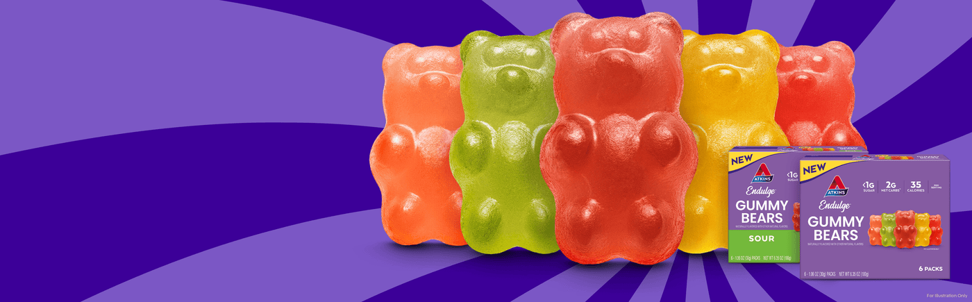 Unwrapped Atkins Endulge Gummy Bears and Atkins Endulge Gummy Bears in boxes